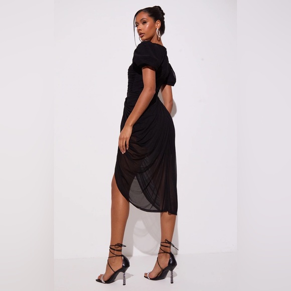 PLT Chocolate Runched Mesh Puff Sleeve Draped Midi Dress - Picture 3 of 6